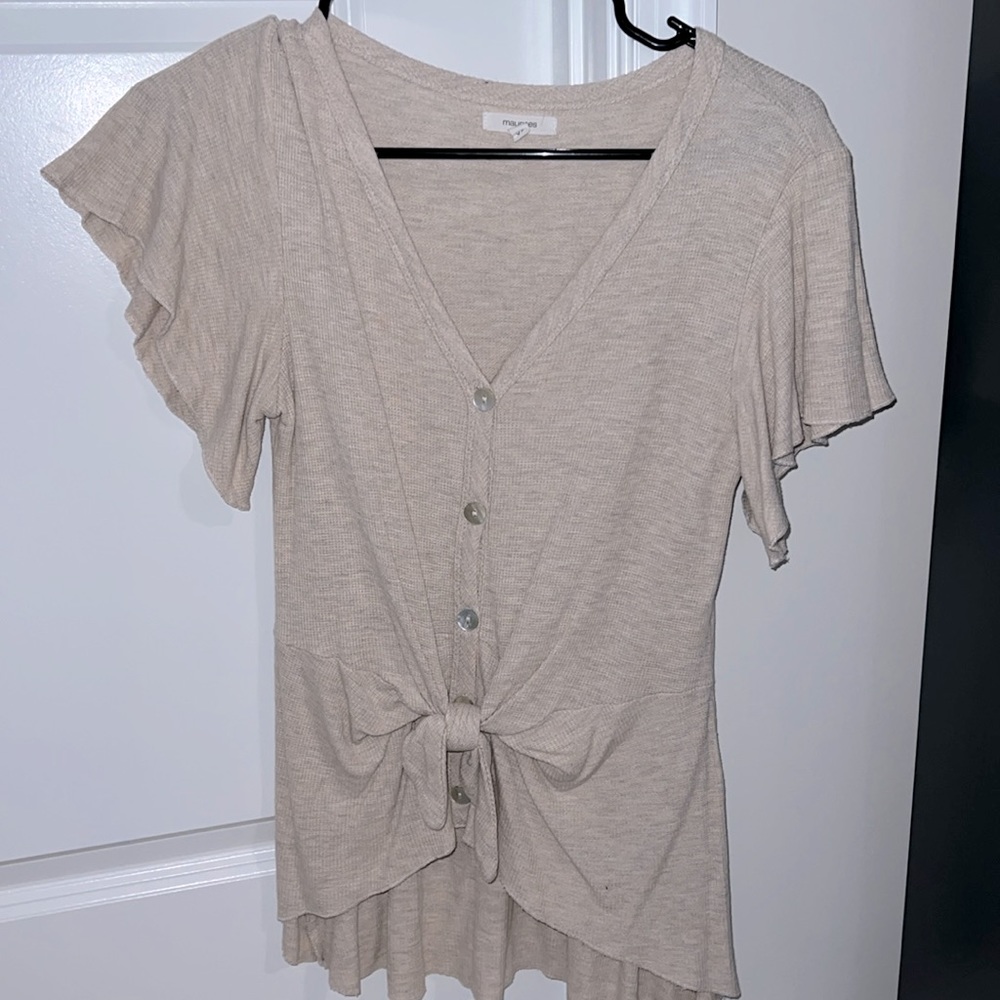Waffle knit, tie front detailing with flutter sleeves